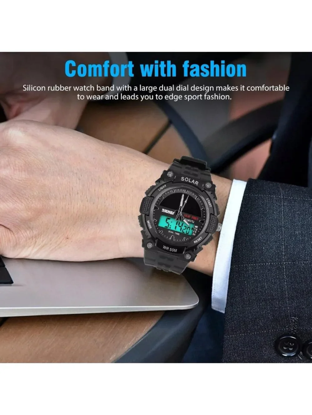 Men's Solar Powered Military Digital Watch - Waterproof, LED, 2 Time Zones